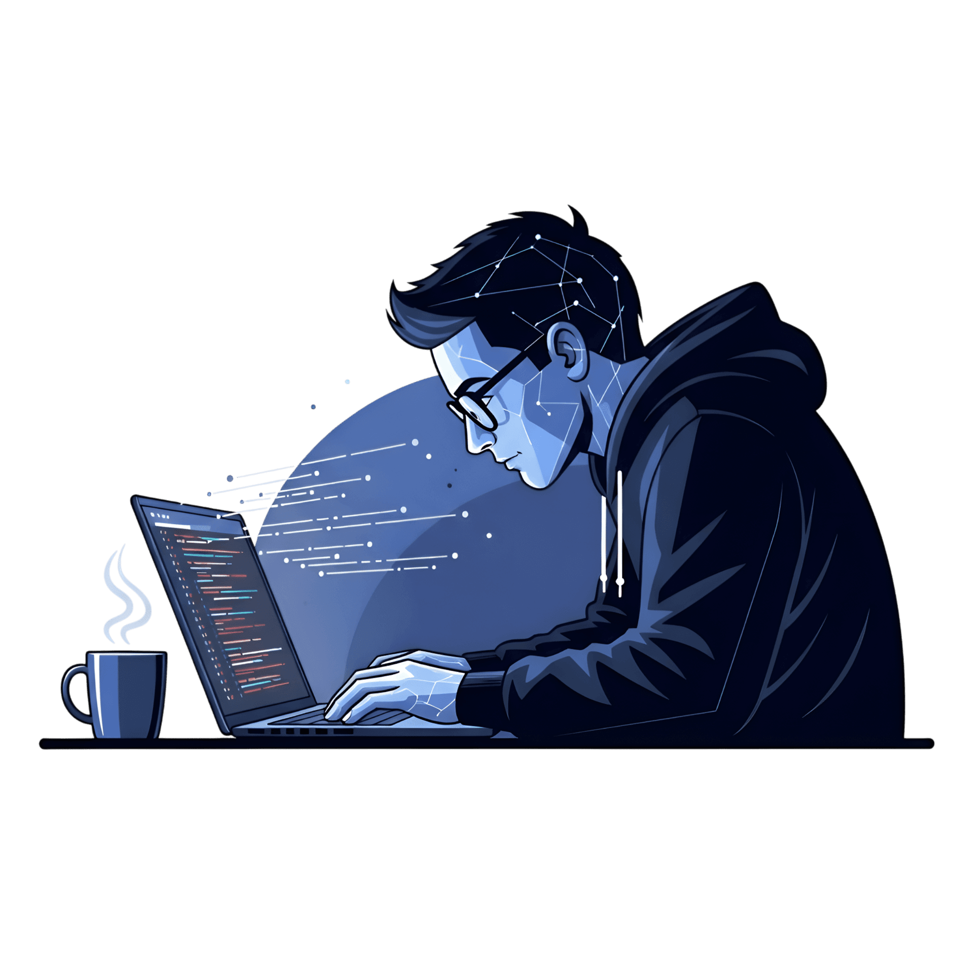 Illustration of a focused developer working late at a laptop